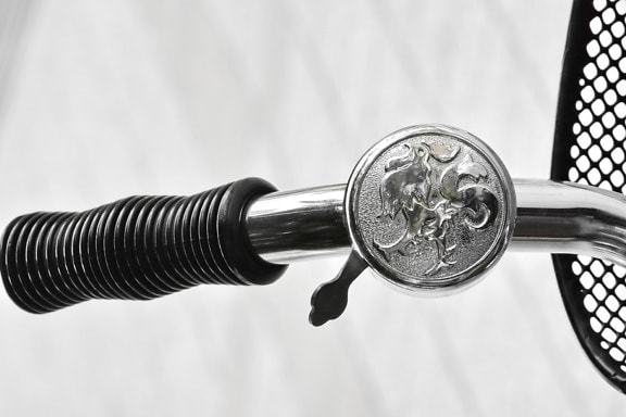 bell, black and white, chrome, metallic, steering wheel, metal, equipment, steel, iron, antique