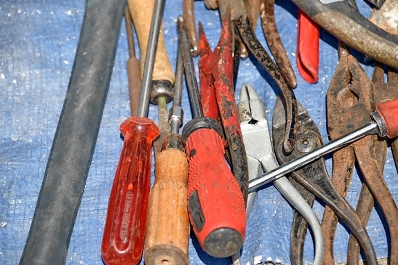 Hammer, tång, skruvmejsel, skiftnyckel, stål, industrin, verktyg, järn, utrustning, gamla