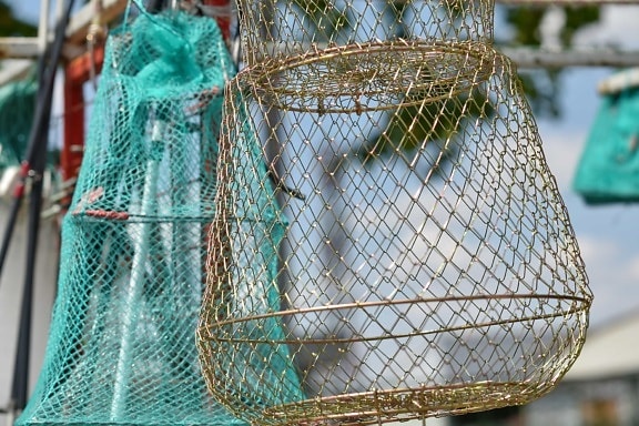 gabbia, attrezzi da pesca, metallo, oggetto, strumento, cavi, web, calze a rete, corda, tempo libero