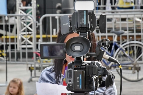 journalist, television news, video recording, lens, equipment, camera, machinery, technology, tripod, industry