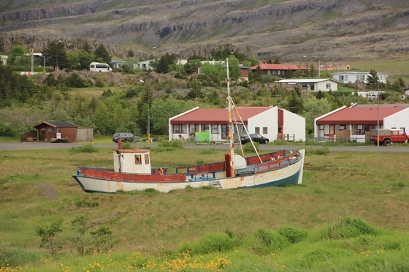 vissersboot, boot, huis, landschap, gras, natuur, zomer, buitenshuis, ambachtelijke, Boathouse