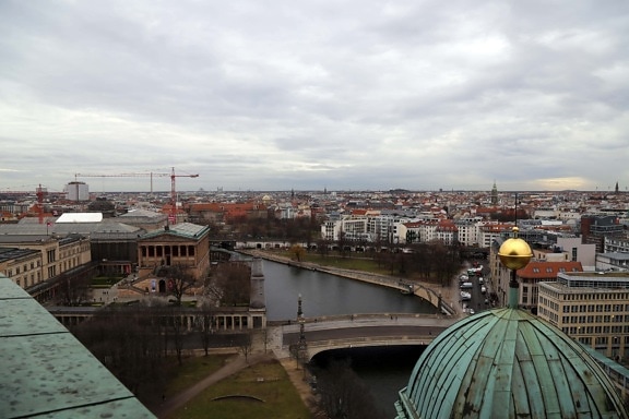 Германия, панорама, вода, архитектура, град, сграда, купол, река, алея, товарен кораб