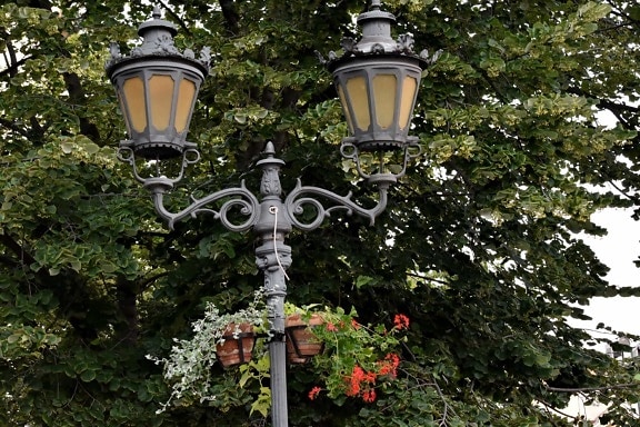 ánh sáng ban ngày, lọ hoa, đèn, đường phố, cây, khu đô thị, cấu trúc, đèn lồng, Sân vườn, cũ