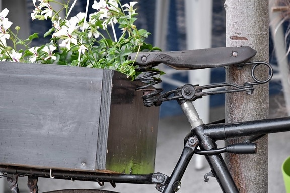 bicycle, black, decoration, flowerpot, old, seat, wheel, bike, street, outdoors
