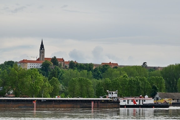 slottet, kirketårnet, Kroatia, vann, byen, arkitektur, vannkanten, elven, båt, bro