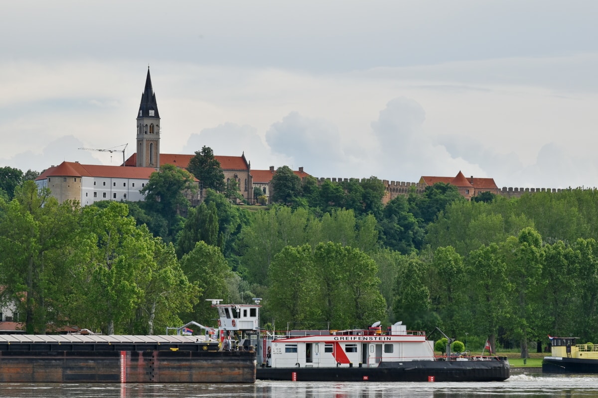 Lastkahn, Schloss, Kirchturm, Schiff, Fluss, Wasser, Stadt, Architektur, Boot, Brücke