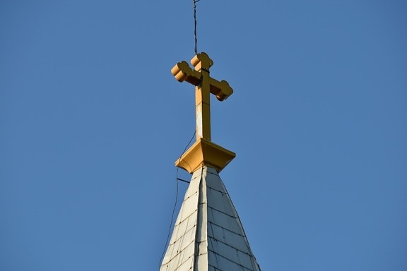 catholic, church tower, copper, cross, wire, apparatus, architecture, art, blue sky, building