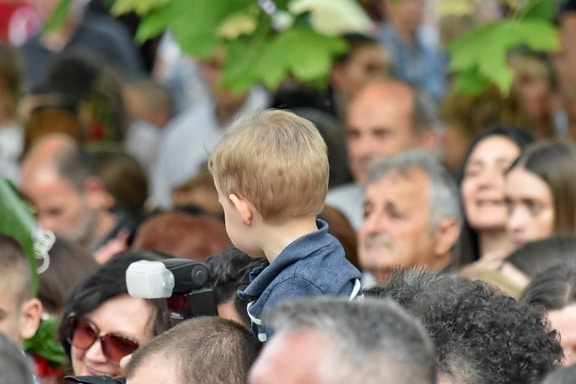 child, crowd, curiosity, spectator, outdoors, son, boy, together, love, family