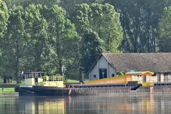 barge, coastline, Danube, forest, riverbank, boathouse, building, structure, water, shed