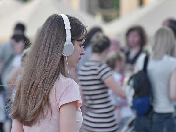 crowd, hairstyle, headphones, music, pretty girl, young woman, woman, people, girl, street