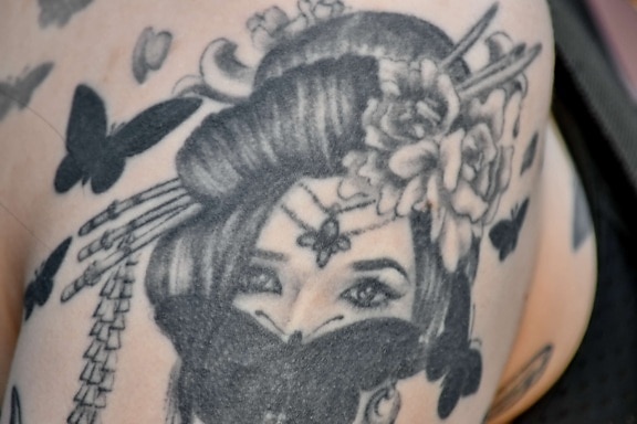 arm, kunst, sort og hvid, kroppen, skulder, tatovering, Portræt, maleri, kvinde, illustration