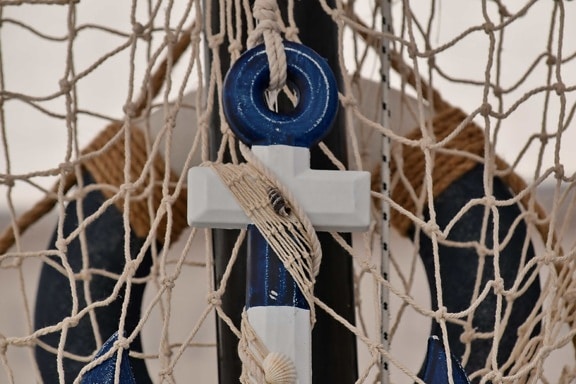 ancre, en détail, miniature, bois, nœud, serrure, dispositif de fixation, corde, toile, équipement