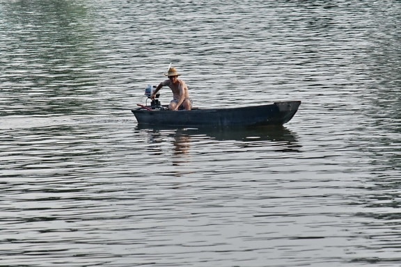 boat, water, fisherman, lake, oar, river, watercraft, people, fish, reflection
