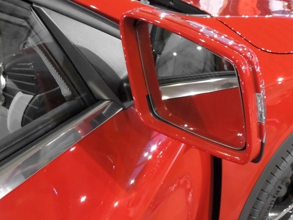 detail, glass, mirror, paint, red, reflection, automobile, classic, vehicle, chrome
