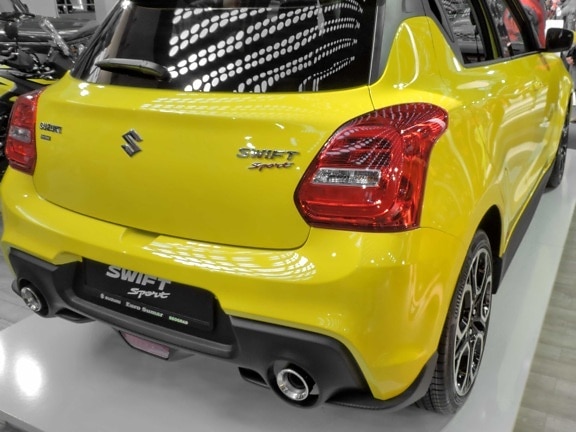 Suzuki swift, automobile, modern, reflection, yellow, car, vehicle, automotive, exhibition, classic