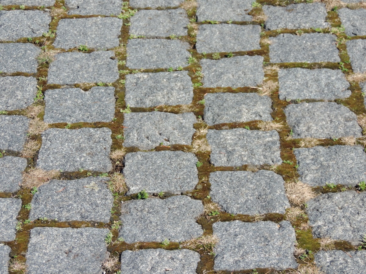cobblestone, footpath, grass, paving stone, urban area, rough, surface, stone, brick, ground
