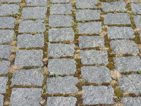 cobblestone, footpath, grass, paving stone, urban area, rough, surface, stone, brick, ground