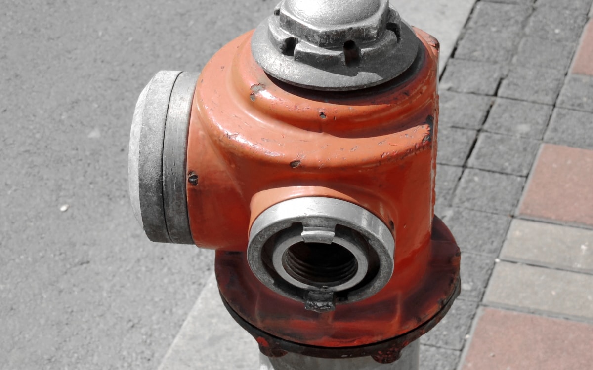 hidrant, cijevi, crvenkasto, čelik, stari, oprema, industrija, tehnologija, ulica, pritisak