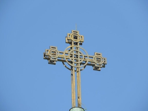 blue sky, capital city, cross, religious, old, high, architecture, steel, iron, outdoors