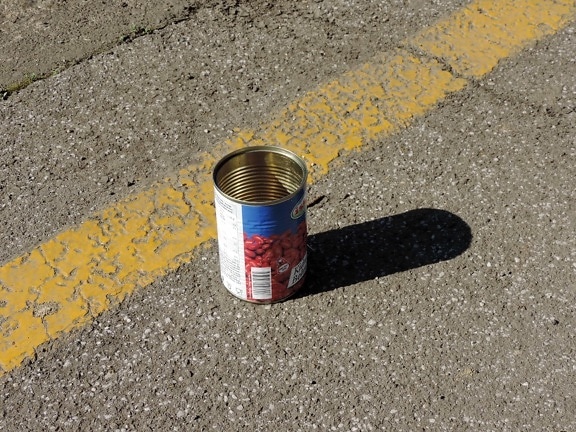 canister, concrete, garbage, metal, parking lot, road, container, street, asphalt, pollution