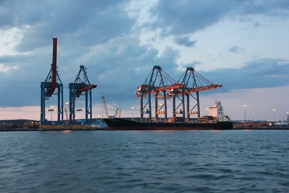 barge, harbor, industry, sunset, ship, heavy, crane, logistics, water, watercraft