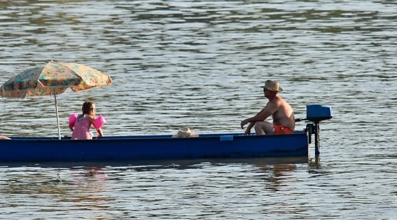 boat, daughter, family, father, parasol, relaxation, summer season, people, water, river