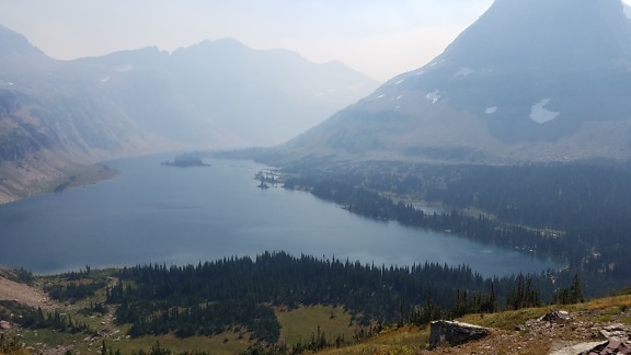 blue sky, foggy, lakeside, mountain peak, national park, landscape, nature, mountain, lake, wood