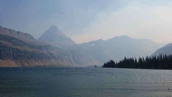 montagne, eau, paysage, Lac, montagnes, nature, brouillard, bois, aube, réflexion