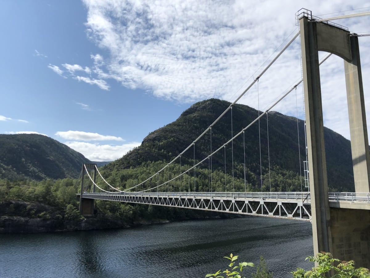 national park, suspension bridge, landscape, bridge, structure, mountain, water, river, connection, architecture