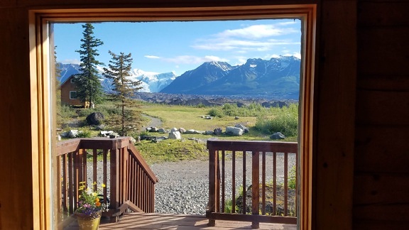 balcony, bungalow, cottage, front door, front porch, house, mountainside, vacation, window, wood