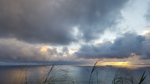 clouds, landscape, dawn, sunset, lake, sun, beach, water, sea, storm