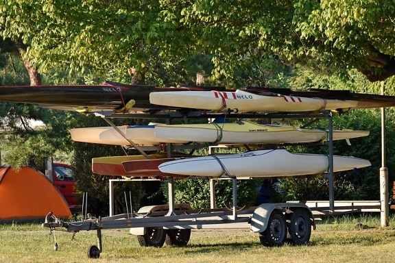 canoe, park, transport, vehicle, outdoors, transportation, daylight, object, sunshine, tire