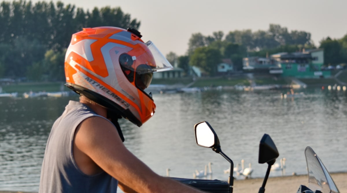 casco, Lago, motos, motociclista, cisne, agua, competencia, vehículo, recreación, acción