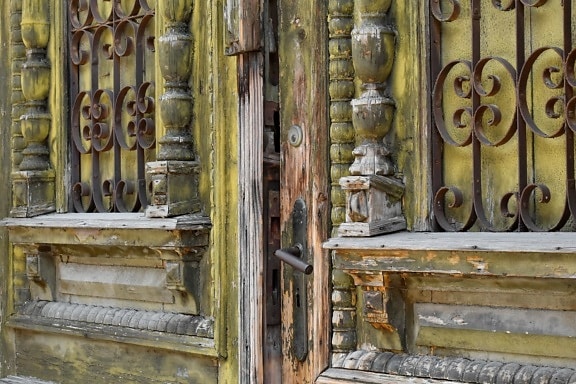 carpintaria, esculturas em, ferro fundido, porta da frente, portão, feito à mão, antiga, antiguidade, arquitetura, estilo arquitetônico