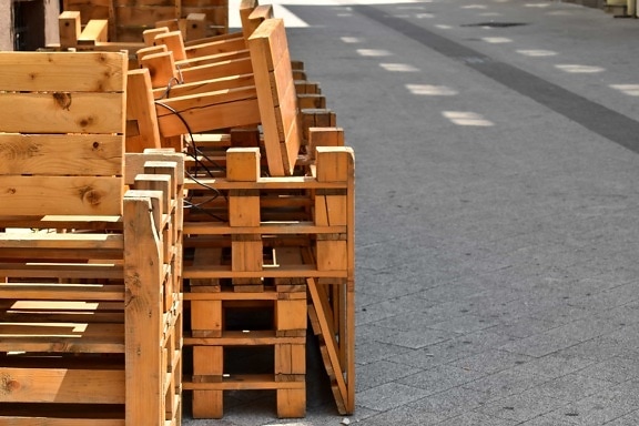 carpentry, chairs, furniture, handmade, pallet, pile, street, tables, urban area, wooden