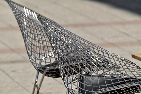cadeiras, cromado, metálico, aço inoxidável, aço, urbana, ao ar livre, ferro, vazio, contemporânea