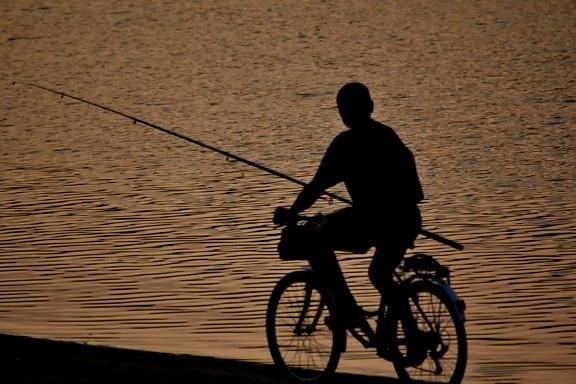 beach, bicycle, dusk, fisherman, fishing rod, silhouette, sport, cycling, wheel, cycle