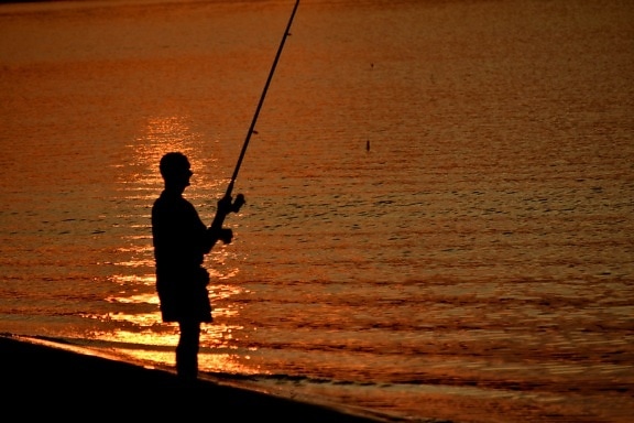 beach, sunset, fisherman, swing, water, fishing rod, dawn, lake, evening, man