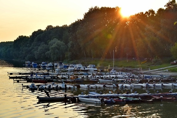 molo, tramonto, luce del sole, barca, acqua, fiume, Città, Lago, riflessione, tempo libero