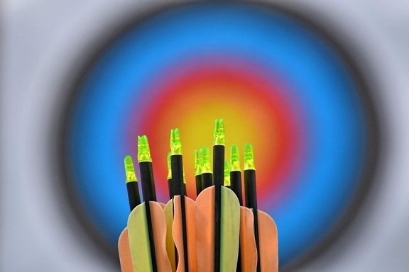 arrow, arrowhead, center, distance, target, bright, blur, plastic, colorful, sharp