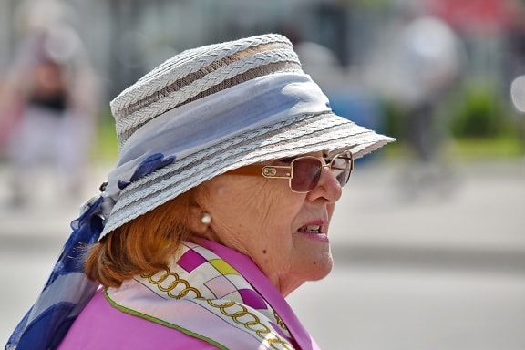eyeglasses, fashion, grandmother, hat, pensioner, portrait, side view, clothing, outdoors, woman