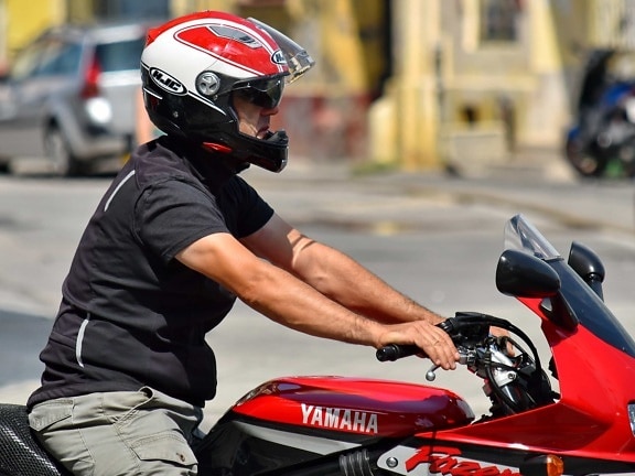helmet, motorbike, motorcycle, motorcyclist, portrait, side view, street, urban area, bike, vehicle