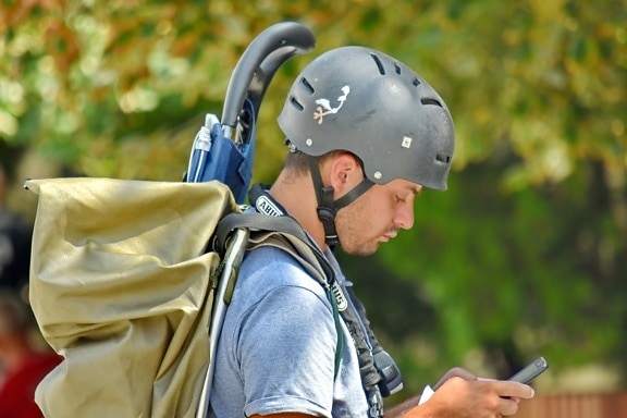 backpacker, helmet, man, portrait, tourist, traveler, outdoors, people, nature, recreation
