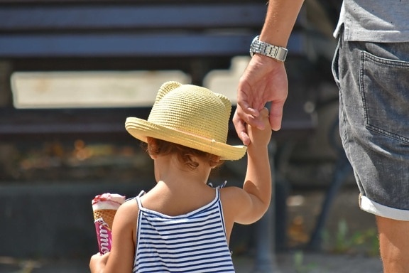 child, father, hand, hat, ice cream, people, outdoors, street, portrait, urban
