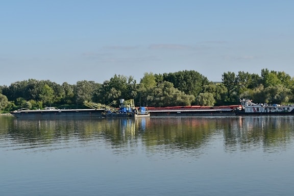 barge, cargo ship, river, water, watercraft, boat, shore, vehicle, reflection, canal