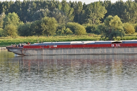 barge, cargo ship, river, riverbank, shipment, vehicle, water, landscape, lake, watercraft
