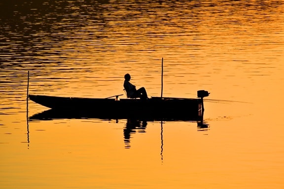 boat, calm, fisherman, relaxation, silhouette, sunset, paddle, lake, water, dawn