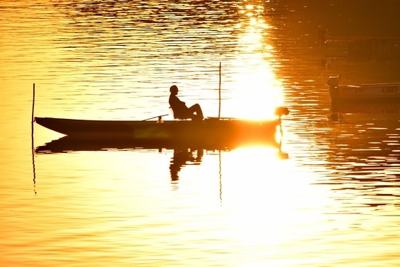 pêcheur, jaune orangé, silhouette, rayons de soleil, bateau, coucher de soleil, Lac, réflexion, Soleil, aube