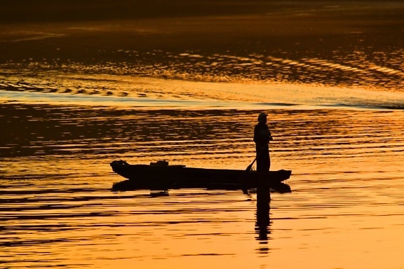belle photo, pêcheur, Paddle, silhouette, eau, Lac, aube, coucher de soleil, réflexion, plage