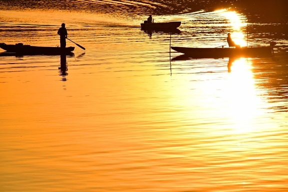 bateaux, pêcheur, ombre, coucher de soleil, eau, aube, réflexion, silhouette, Lac, Soleil